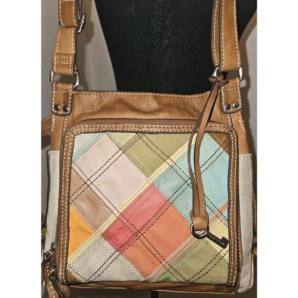 Fossil Patchwork Handbag Bag Leather Canvas Multicolor 10.5x10 - Picture 2 of 13
